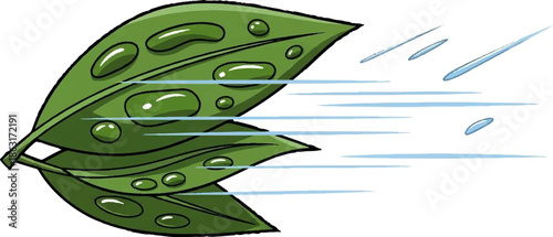 Three green leaves with water droplets, depicted with motion blur and streaks