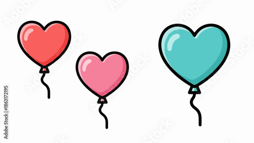 Three heart-shaped balloons, red, pink, and teal, float against a white background