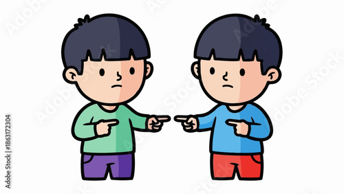Two cartoon boys pointing fingers at each other, with confused expressions