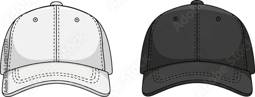 Two cartoon caps, one white and one black, shown from the front with stitching details