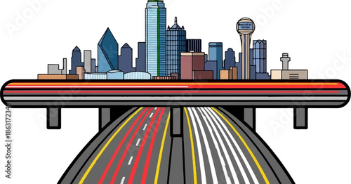 Stylized urban skyline with a futuristic elevated highway and roads