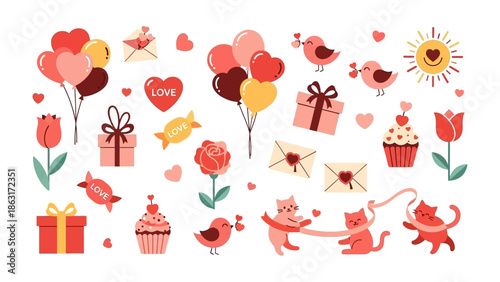 Valentine's Day Elements: A collection of charming Valentine's Day illustrations, including heart-shaped balloons, gifts, love letter, cupcakes, birds, and cats, set against a delicate backdrop.