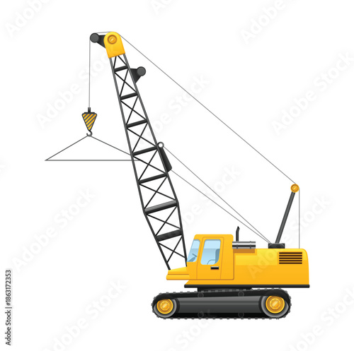 Yellow crawler crane with black lattice boom and hook
