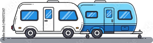 Two cartoon caravans, one white, one blue, on a gray road