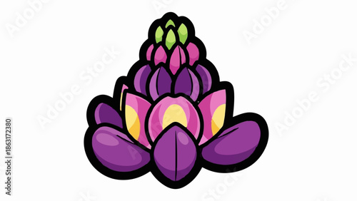 Stylized, vibrant purple and pink lotus flower with yellow accents, green buds