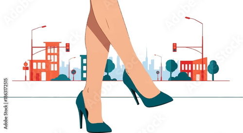 Stylized legs in teal heels crossing a cityscape with flat buildings