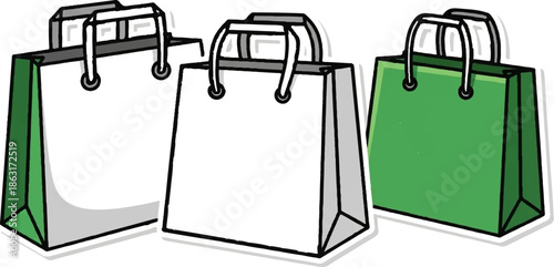 Three paper shopping bags, two white and one green