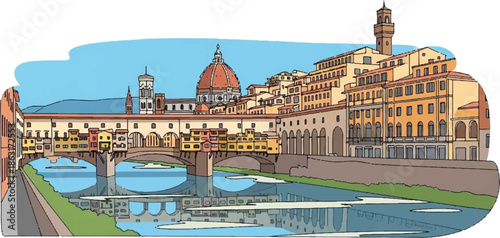 Stylized illustration of a historic European city with a prominent bridge over a river and domed cathedral