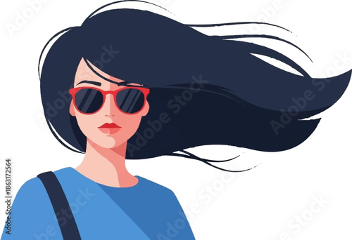 Stylized portrait of a woman with dark hair and red sunglasses, looking forward