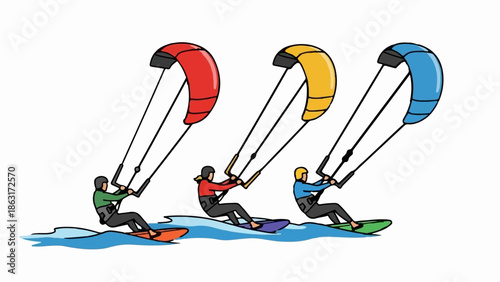 Three people on boards, kitesurfing in blue water