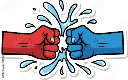 Two cartoon fists, one red and one blue, collide with energetic water splashes, illustrating impact