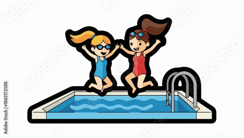 Two cartoon girls in swimsuits joyfully jump into a swimming pool