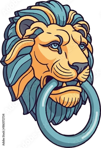 Stylized lion head with a ring in its mouth, rendered in a pixel art style