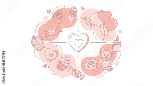 Love's Delicate Embrace: A tender illustration presents a circular arrangement of symbols, including hearts, balloons, candles, candies, cupcakes, and a teddy bear.