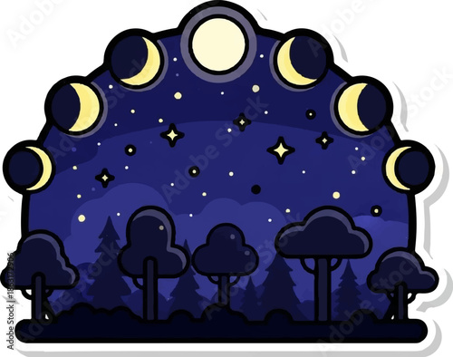Stylized illustration of a moon phase cycle over a dark forest at night with stars in a crescent shape