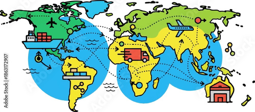 Stylized world map shows global shipping routes with planes, trucks, and cargo ships