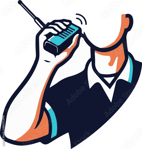 Stylized illustration of a person holding and speaking into a walkie-talkie