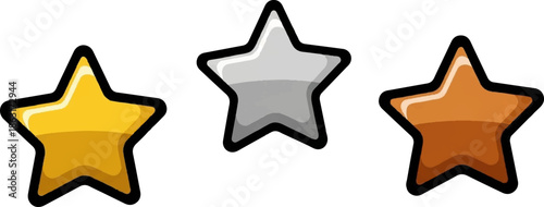 Three star icons gold, silver, and bronze, with a glossy effect and thick black outline