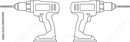 Electric power drill line art illustration set featuring portable cordless drills for construction, home renovation, and diy projects.
