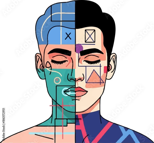 Stylized face split into geometric patterns, one half teal, the other skin tone
