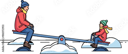 Two cheerful people, an adult and a child, enjoy playing on a seesaw in a snowy, winter outdoor setting