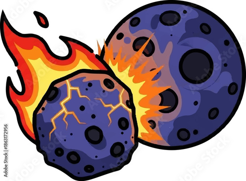 Two celestial bodies, one burning and cracked, collide with a fiery explosion