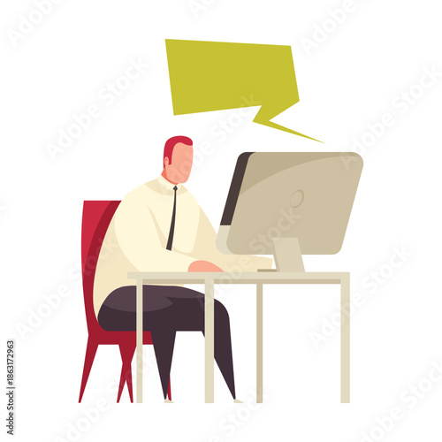 Man working on a computer with a speech bubble male