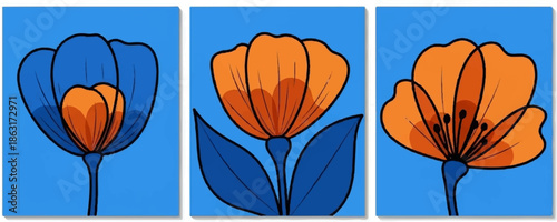 Three stylized, abstract flowers in bold blue and orange hues on a vibrant blue background