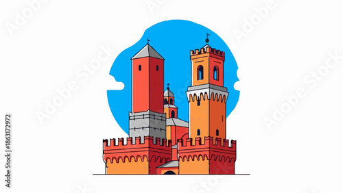 Stylized medieval towers and battlements against a bright blue sky
