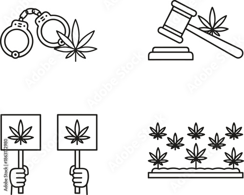 Legal cannabis and marijuana law icon set featuring handcuffs, judge gavel, protest signs, and industrial hemp farm cultivation.