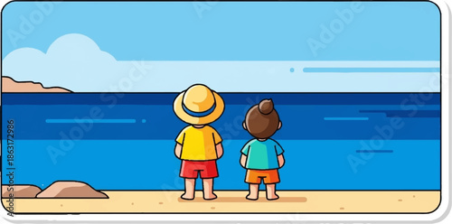 Two children stand on a beach, gazing at the vast blue ocean under a clear sky with clouds