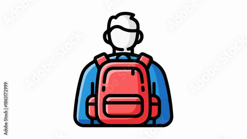 Stylized illustration of a person wearing a blue shirt and a red backpack