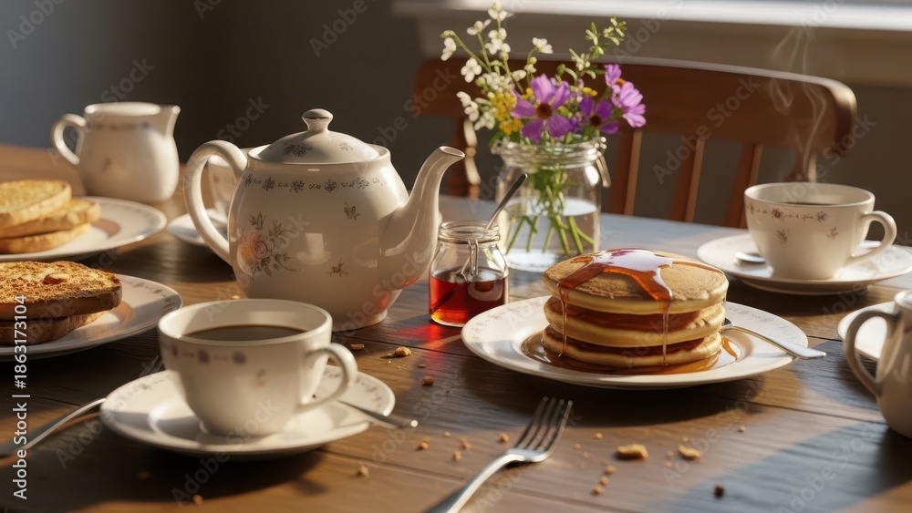 Fototapeta premium Delicious breakfast with pancakes and tea on wooden table