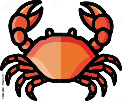Stylized illustration of a red crab with prominent claws and legs
