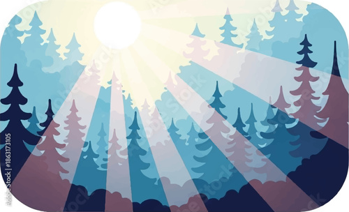 Sunbeams pierce through a stylized, layered forest of blue and purple evergreen trees