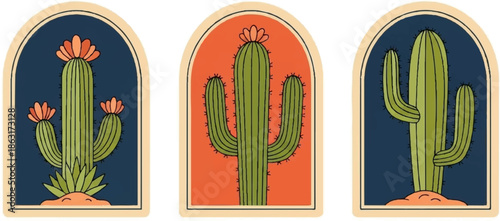 Three stylized, green cactus illustrations with orange blossoms, set in arched frames