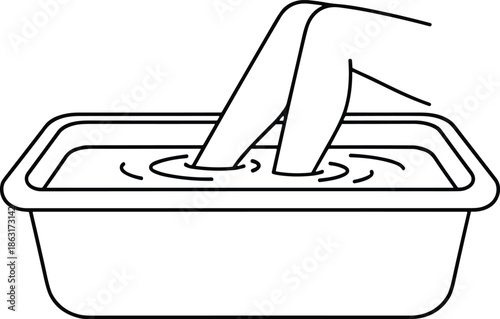 Line art illustration of feet soaking in a water basin for spa, hygiene, and relaxation concepts.