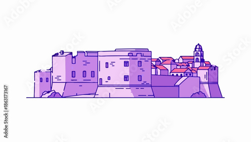 Stylized purple fortress walls and town with a domed tower against a white background