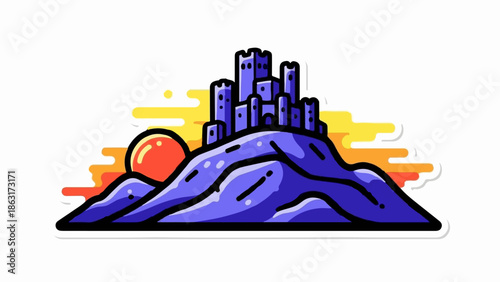 Stylized purple castle atop a purple hill with a setting sun and vibrant clouds