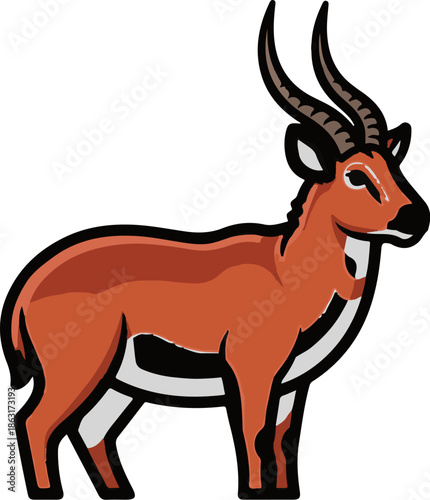 Stylized illustration of a reddish-brown antelope with dark horns and white markings