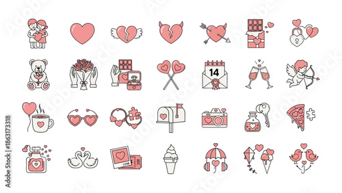 Love Symbol Icons: A charming collection of love-themed icons perfect for expressing affection. A versatile assortment of love symbols including hearts, gifts, cupid, chocolate and more. 