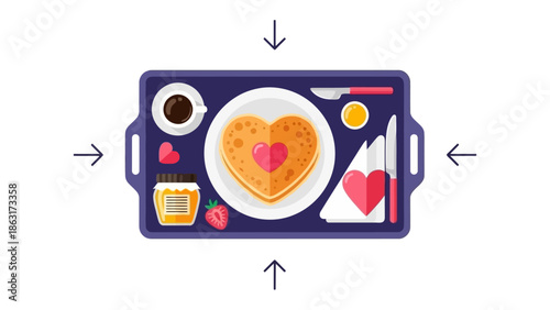 Love Served: An overhead view showcases a tray brimming with romance, featuring a heart-shaped pancake, strawberries, honey, coffee, and a rose-red accent, painted with love and affection.
