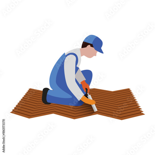 Roofer applying sealant to roof tiles roofing construction