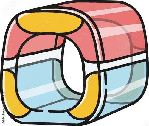 Stylized red and blue cylindrical pet habitat or hamster wheel with yellow accents, hand-drawn look