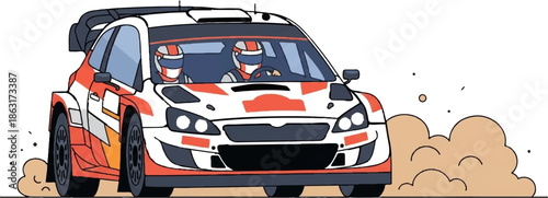 Stylized rally car, white and red, driven by two helmeted figures, kicking up dust