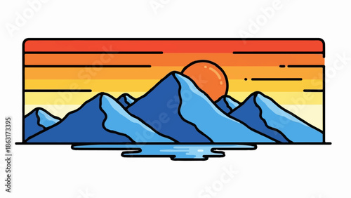 Stylized mountain range with a setting sun reflecting on a calm lake