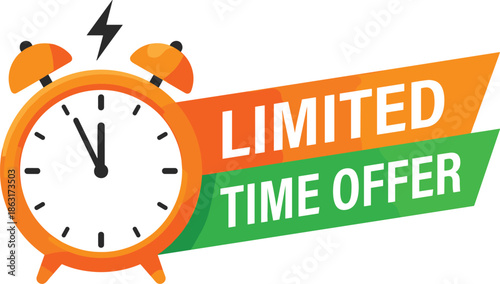 Limited time offer banner with alarm clock illustration, urgency sale promotion concept, colorful marketing graphic, vector design