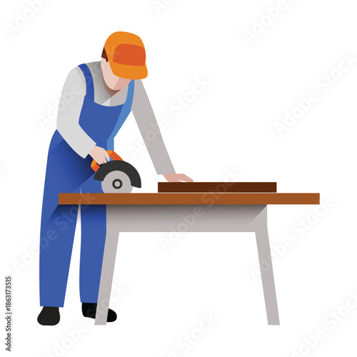 Carpenter cutting wood with circular saw at table woodworking