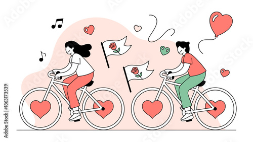 Romantic Bike Ride: A pair of individuals on bicycles, their journey accompanied by floating hearts and decorative elements, set against a gentle backdrop evoking love and connection.