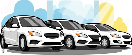 Three white cars lined up with abstract shapes in the background